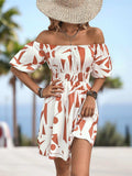 Printed Off-Shoulder Smocked Waist Dress - Trendsi - Flyclothing LLC
