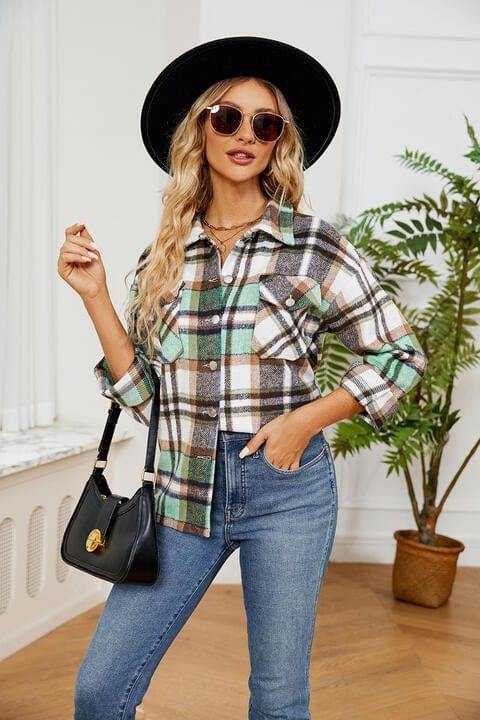 Collared Plaid Shacket - Trendsi