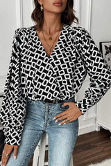 Geometric V-Neck Long Sleeve Blouse - Trendsi - Flyclothing LLC