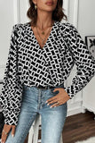 Geometric V-Neck Long Sleeve Blouse - Trendsi