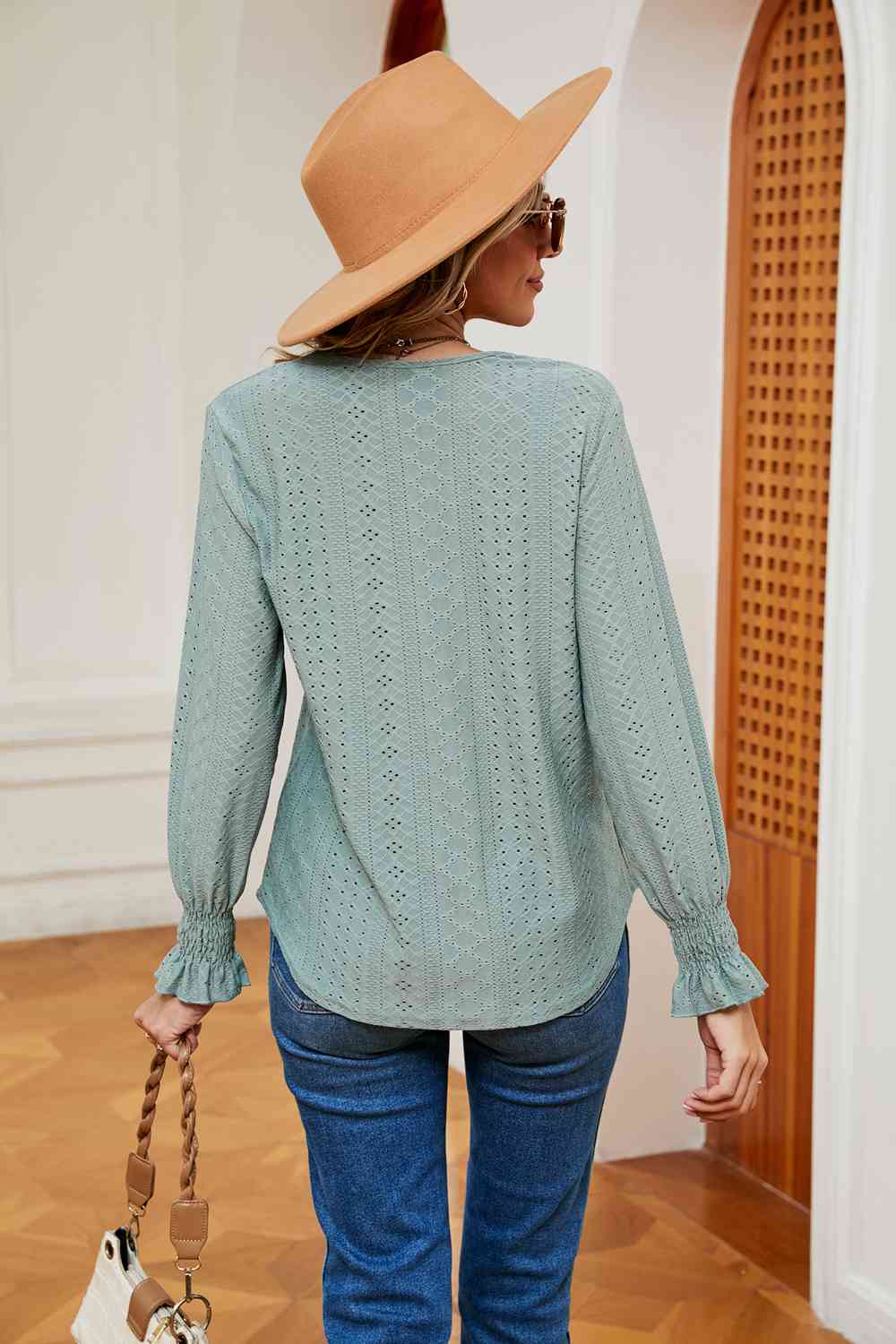 Contrast Flounce Sleeve Blouse - Trendsi - Flyclothing LLC