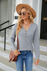 Cable-Knit Long Sleeve V-Neck T-Shirt - Trendsi