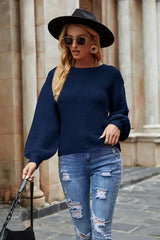 Round Neck Lantern Sleeve Sweater - Trendsi - Flyclothing LLC