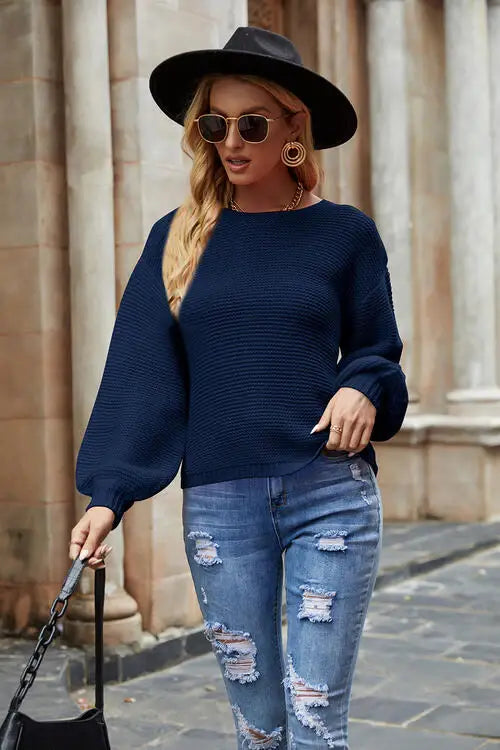 Round Neck Lantern Sleeve Sweater - Trendsi - Flyclothing LLC