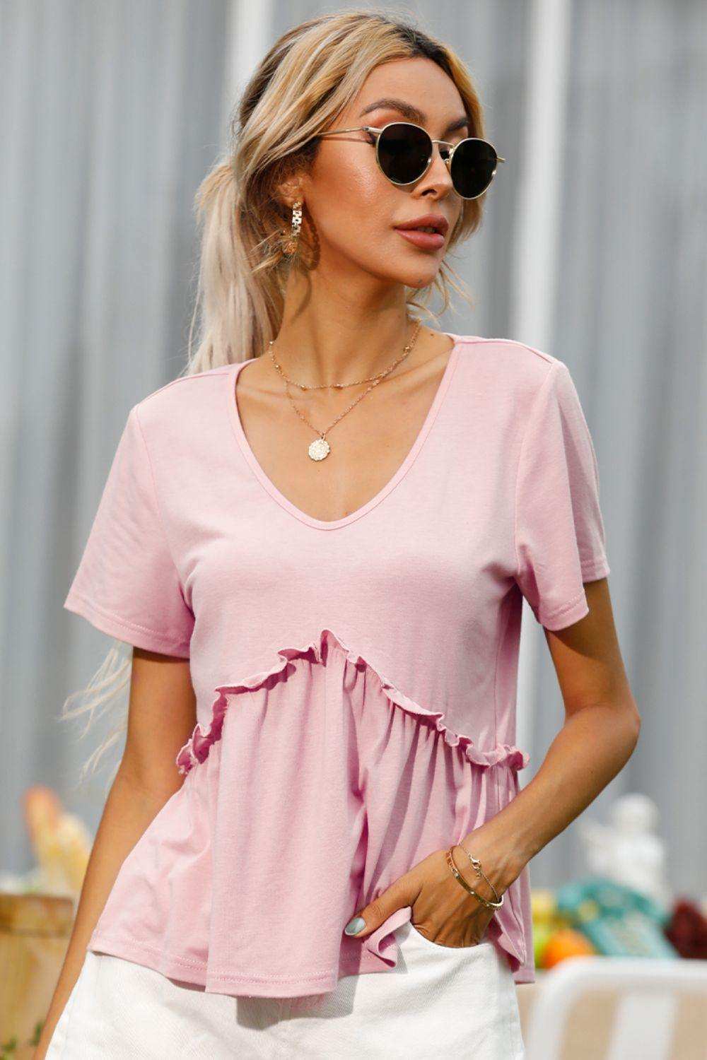 Frill Trim Short Sleeve Tee - Trendsi - Flyclothing LLC