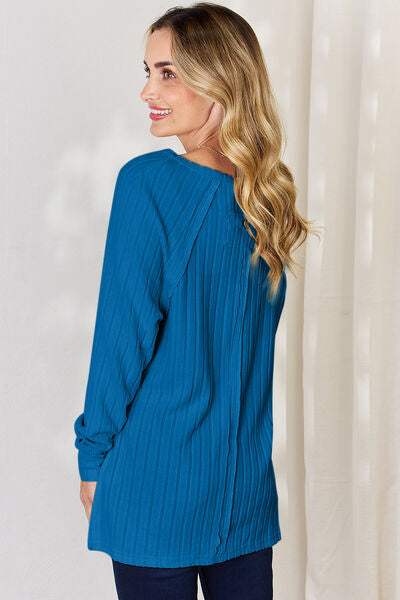 Basic Bae Full Size Ribbed Round Neck Slit T-Shirt - Trendsi - Flyclothing LLC