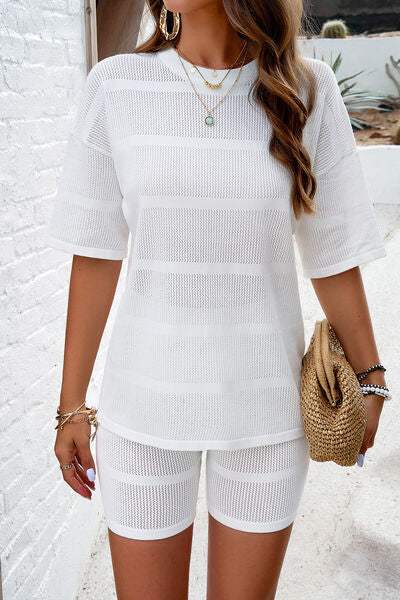 Eyelet Round Neck Top and Shorts Set - Trendsi - Flyclothing LLC