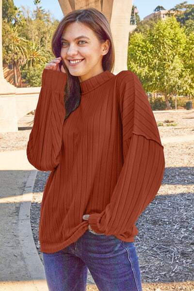 Basic Bae Full Size Ribbed Exposed Seam Mock Neck Knit Top - Trendsi - Flyclothing LLC