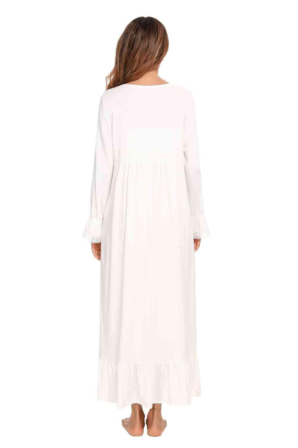 Lace Detail Square Neck Flounce Sleeve Night Dress - Trendsi - Flyclothing LLC