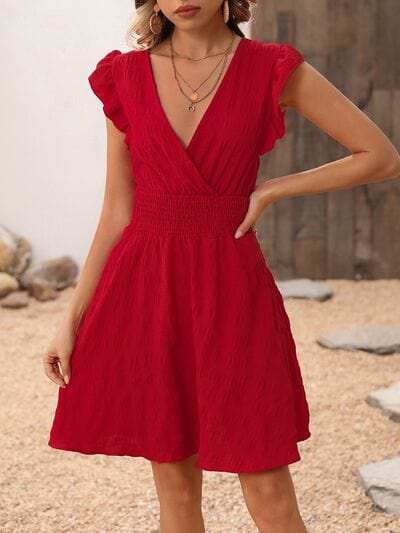 Smocked Ruffled Surplice Mini Dress - Trendsi - Flyclothing LLC