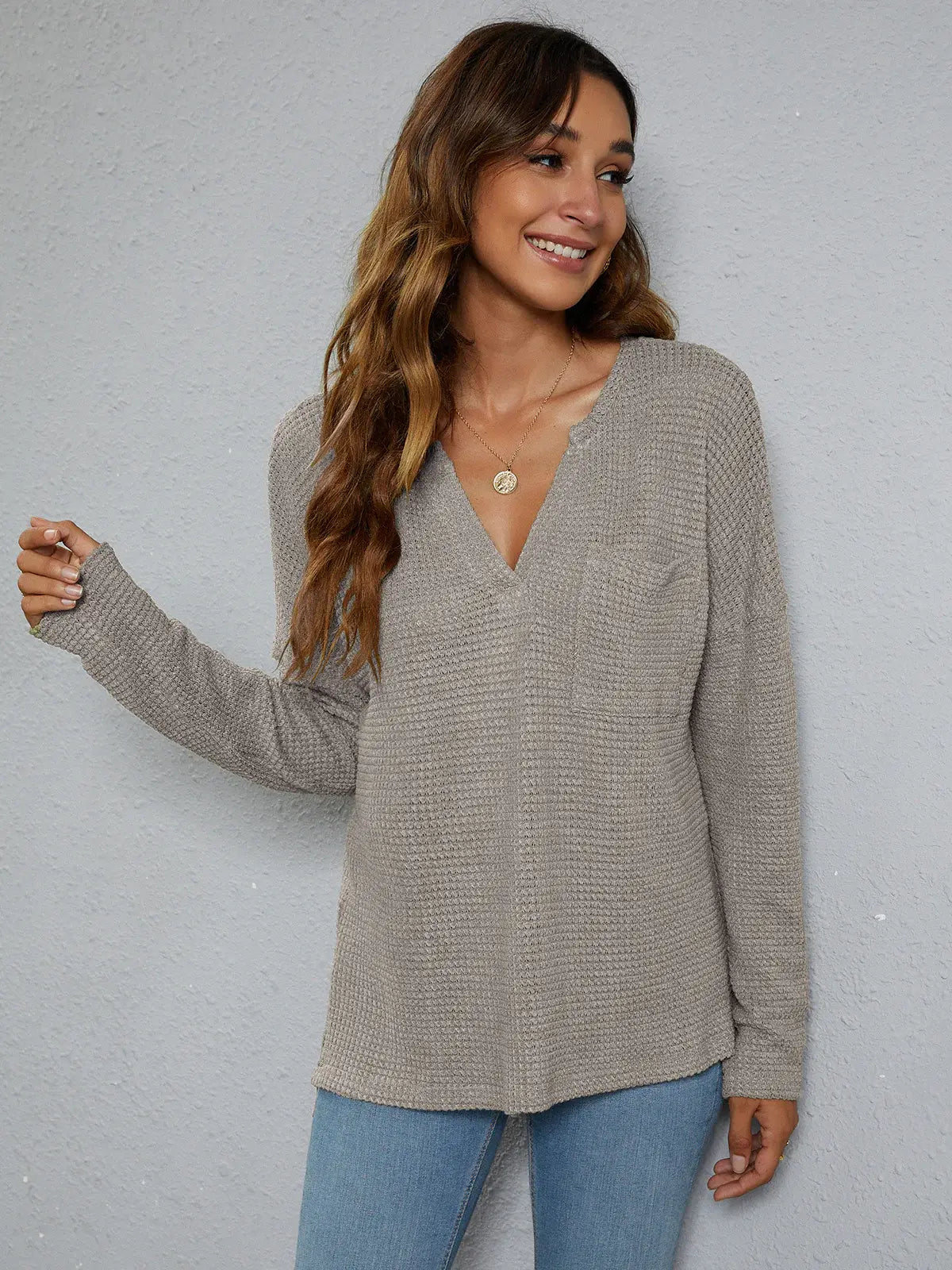 Dropped Shoulder High-Low Waffle-Knit Top - Trendsi - Flyclothing LLC