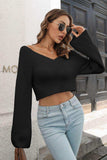 Cropped V-Neck Flare Sleeve Knit Top - Trendsi - Flyclothing LLC