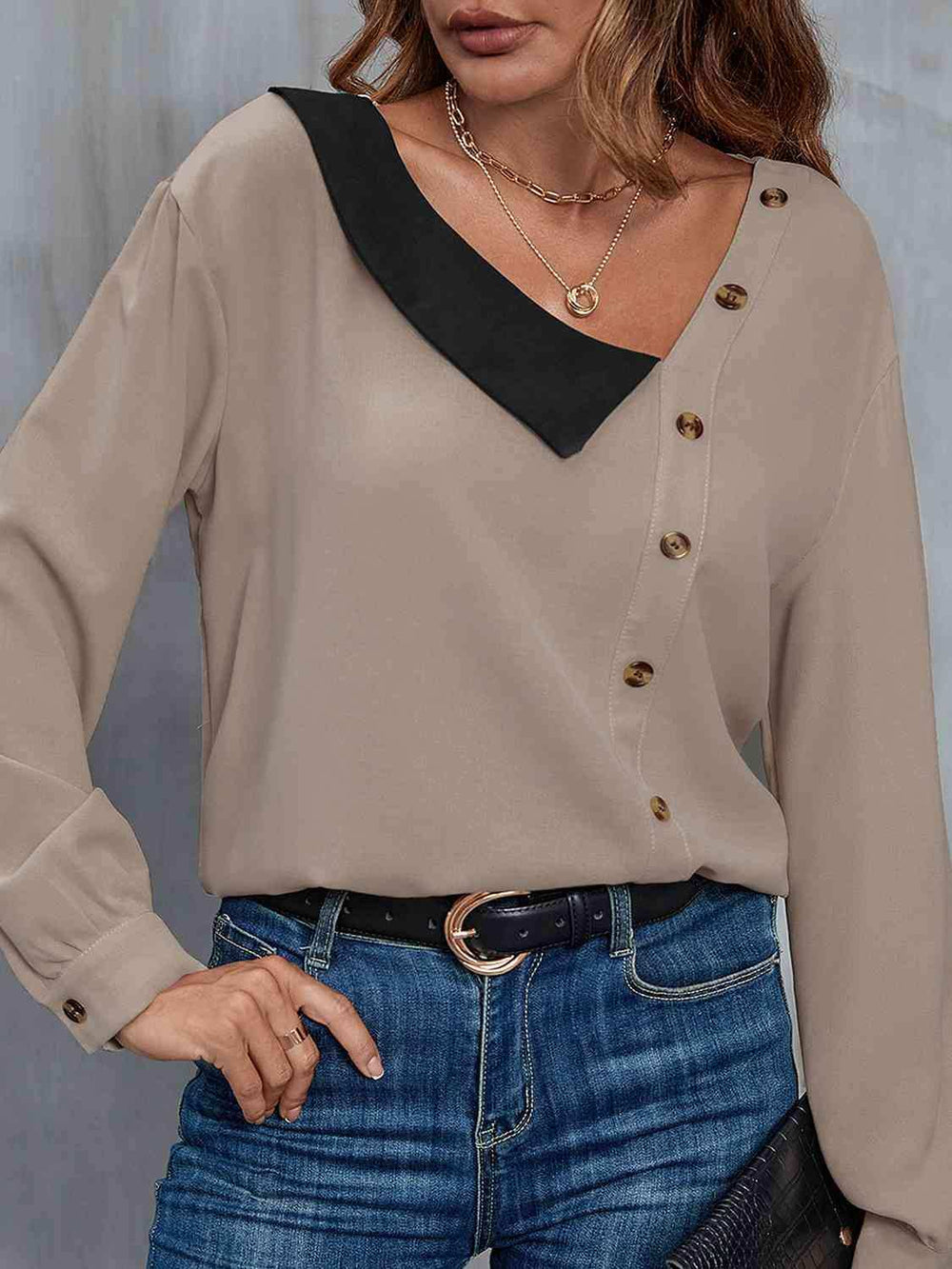 Asymmetrical Neck Buttoned Long Sleeve Top - Trendsi - Flyclothing LLC