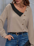 Asymmetrical Neck Buttoned Long Sleeve Top - Trendsi