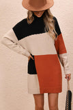 Color Block Mock Neck Dropped Shoulder Sweater Dress - Trendsi