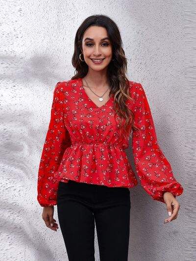 Floral V-Neck Balloon Sleeve Peplum Blouse - Trendsi - Flyclothing LLC