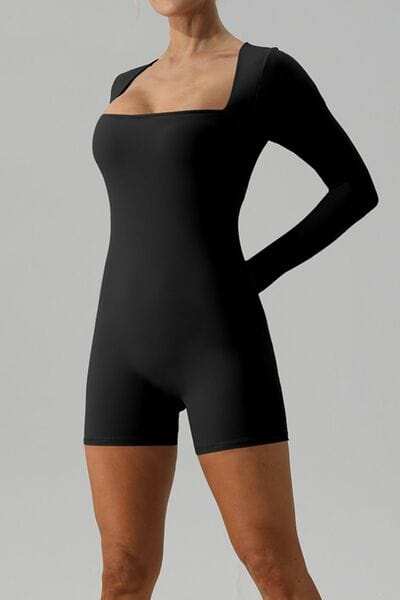 Square Neck Long Sleeve Active Romper - Trendsi - Flyclothing LLC