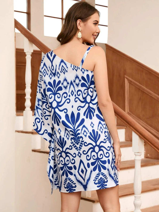 Printed Asymmetrical Neck Mini Dress - Trendsi - Flyclothing LLC