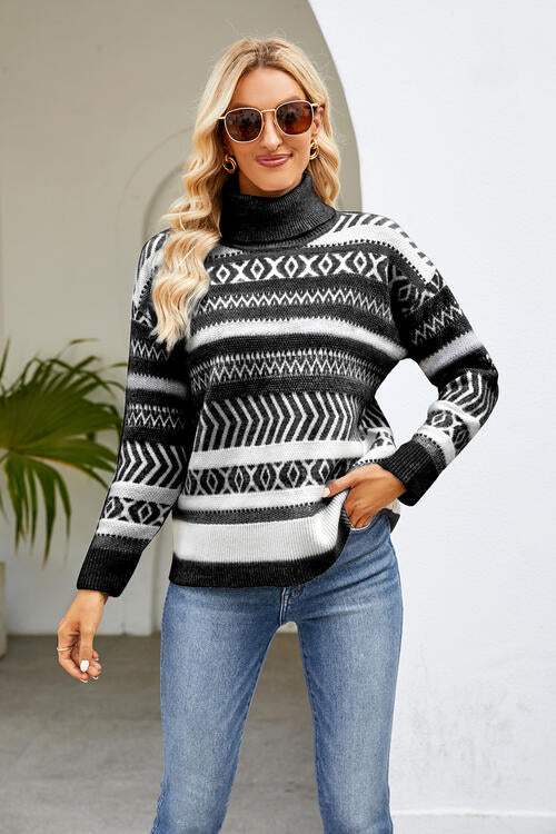 Geometric Turtleneck Long Sleeve Sweater - Trendsi - Flyclothing LLC