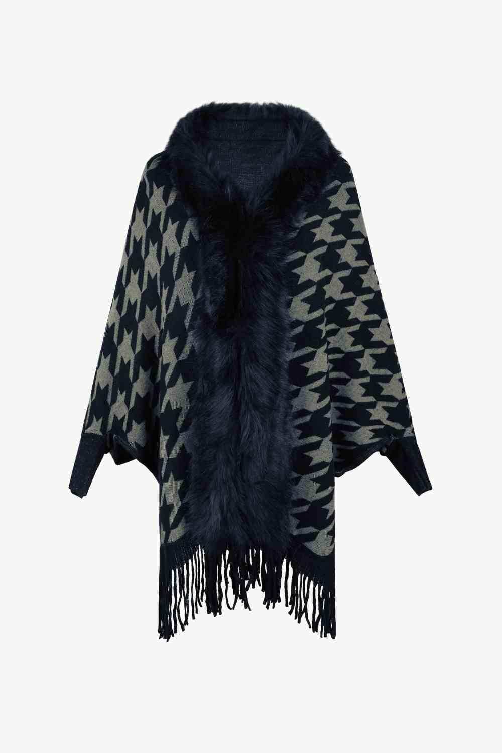 Houndstooth Fringe Hem Poncho - Trendsi - Flyclothing LLC