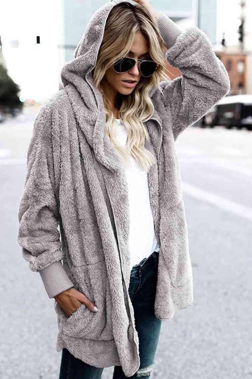 Teddy Hooded Jacket with Pockets - Trendsi - Flyclothing LLC
