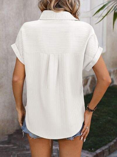 Textured Button Up Cap Sleeve Shirt - Trendsi - Flyclothing LLC