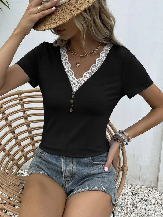 Lace Trim V-Neck Short Sleeve Blouse - Trendsi - Flyclothing LLC