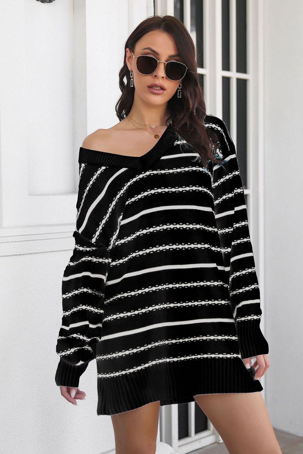 Striped V-Neck Sweater Dress - Trendsi