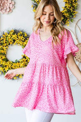 Heimish Full Size Leopard Ruffle Trim Short Sleeve Top - Trendsi - Flyclothing LLC