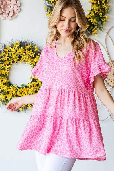 Heimish Full Size Leopard Ruffle Trim Short Sleeve Top - Trendsi - Flyclothing LLC