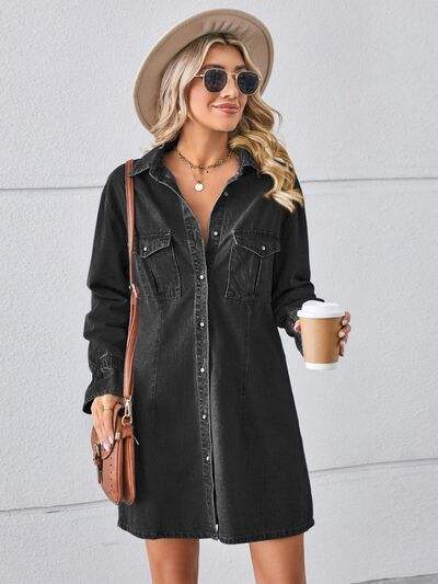 Pocketed Dropped Shoulder Mini Denim Dress - Trendsi - Flyclothing LLC