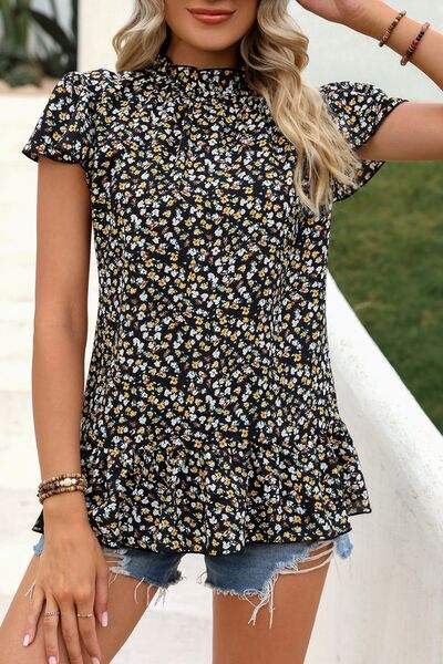 Ditsy Floral Mock Neck Short Sleeve T-Shirt - Trendsi - Flyclothing LLC