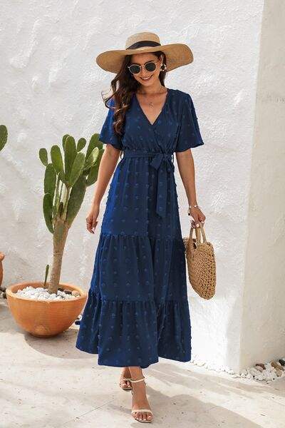 Swiss Dot Tied Surplice Short Sleeve Dress - Trendsi - Flyclothing LLC