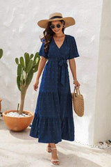 Swiss Dot Tied Surplice Short Sleeve Dress - Trendsi - Flyclothing LLC