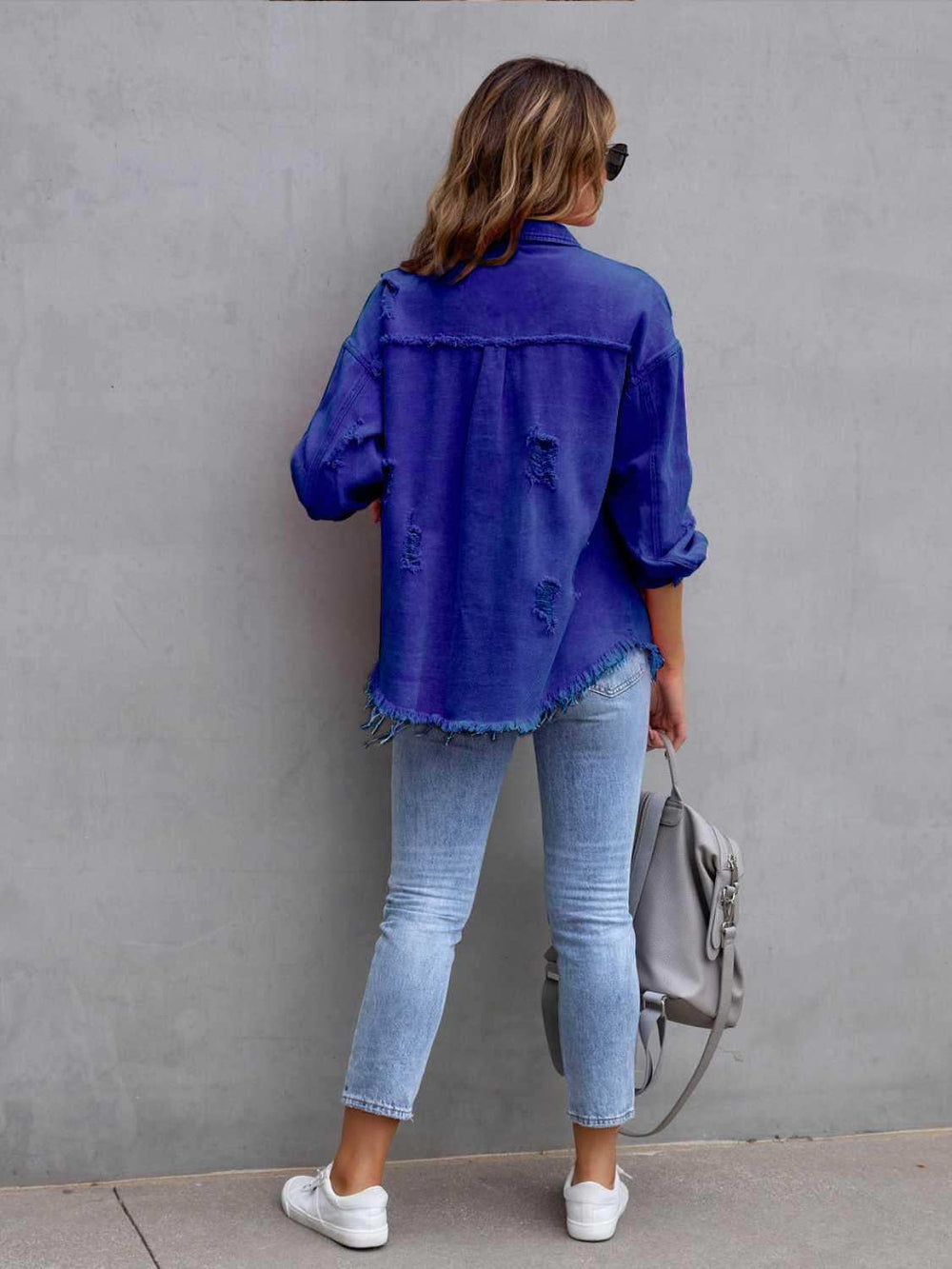 Distressed Drop Shoulder Denim Jacket - Trendsi - Flyclothing LLC