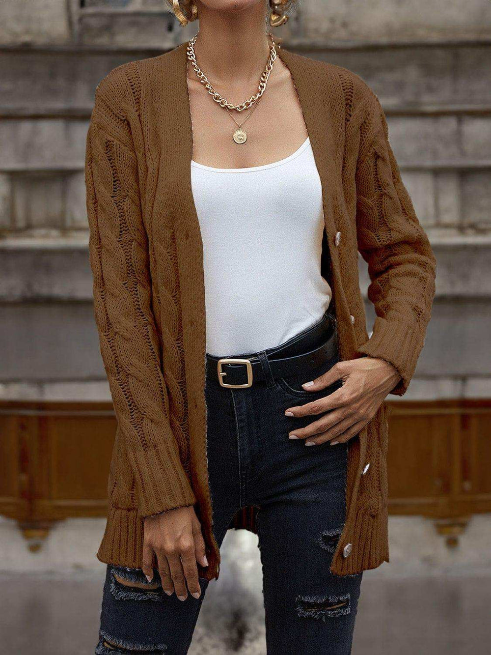 Cable-Knit Button Down Cardigan - Trendsi - Flyclothing LLC