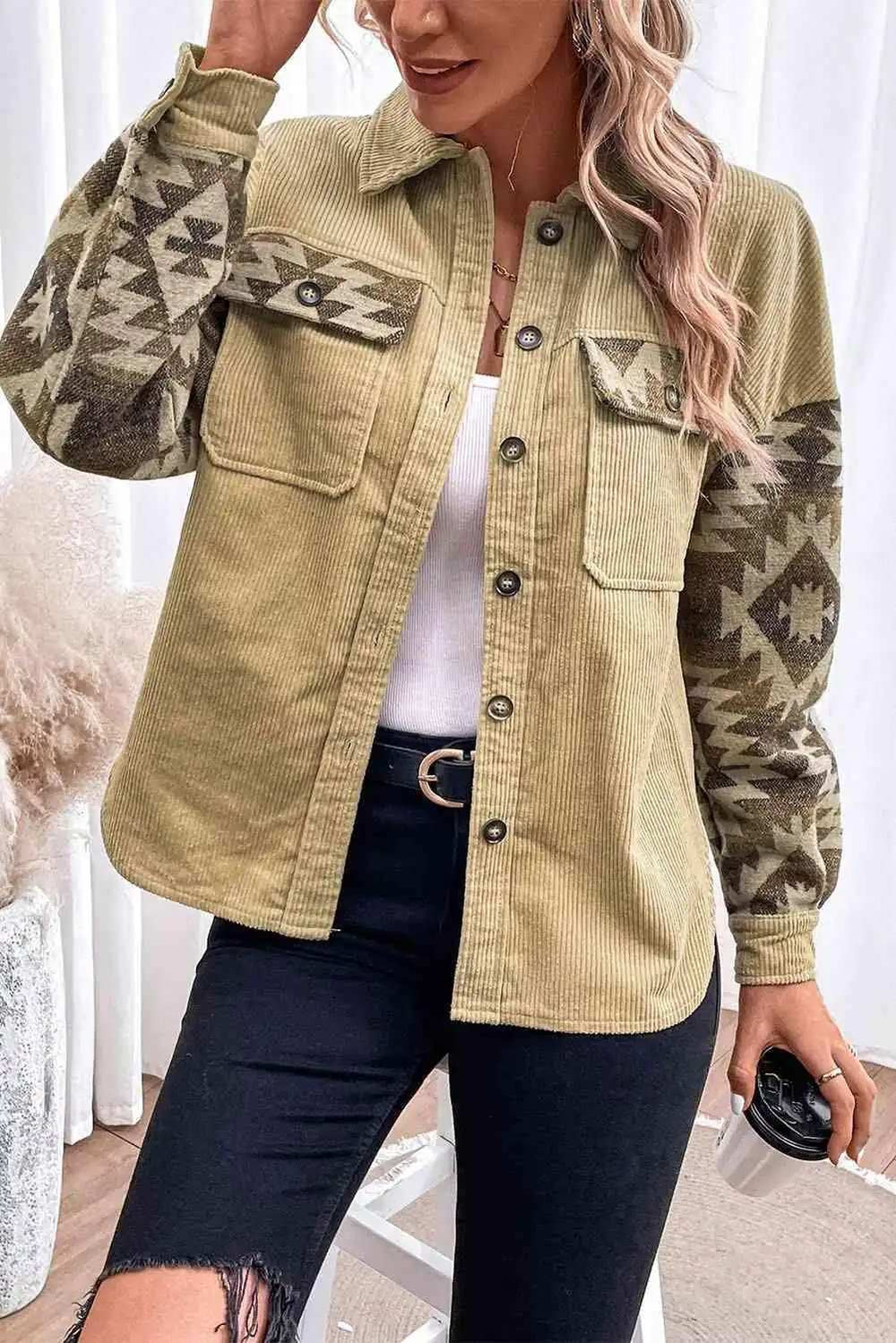 Geometric Button Down Collared Jacket - Trendsi - Flyclothing LLC