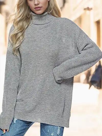 Turtleneck Drop Shoulder Long Sleeve Sweater - Trendsi