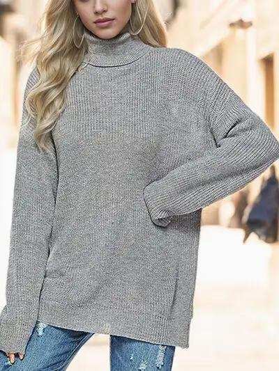 Turtleneck Drop Shoulder Long Sleeve Sweater - Trendsi - Flyclothing LLC