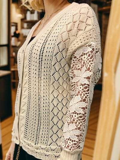 Eyelet Button Up Lantern Sleeve Cardigan - Trendsi - Flyclothing LLC