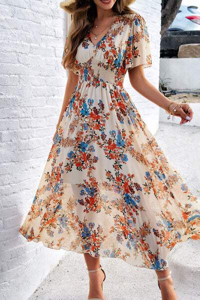Smocked Floral V-Neck Short Sleeve Dress - Trendsi - Flyclothing LLC