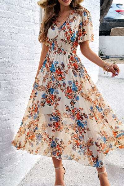 Smocked Floral V-Neck Short Sleeve Dress - Trendsi - Flyclothing LLC