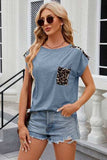 Leopard Round Neck Cap Sleeve T-Shirt - Trendsi - Flyclothing LLC