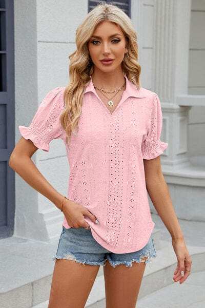 Eyelet Johnny Collar Short Sleeve Blouse - Trendsi - Flyclothing LLC