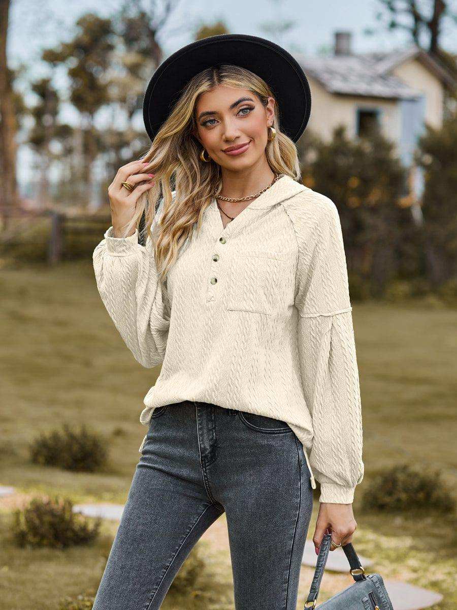 Cable-Knit Dropped Shoulder Hoodie - Trendsi - Flyclothing LLC