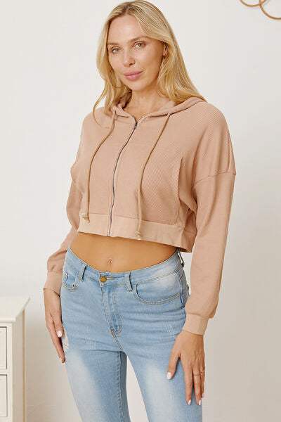 Waffle-Knit Drawstring Zip Up Hoodie - Trendsi - Flyclothing LLC