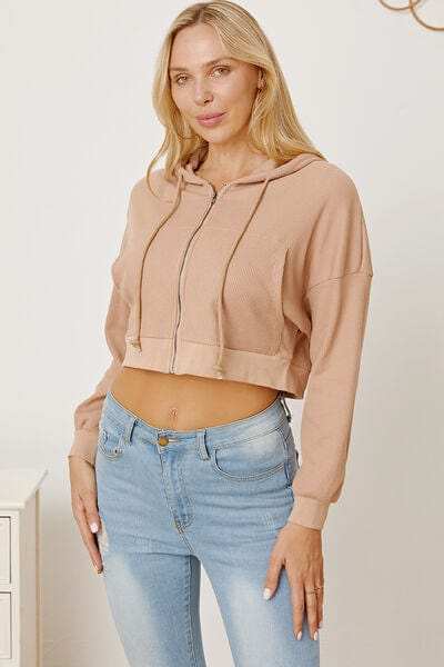 Waffle-Knit Drawstring Zip Up Hoodie - Trendsi - Flyclothing LLC