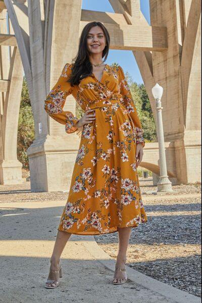 Double Take Full Size Floral Tie Back Flounce Sleeve Dress - Trendsi