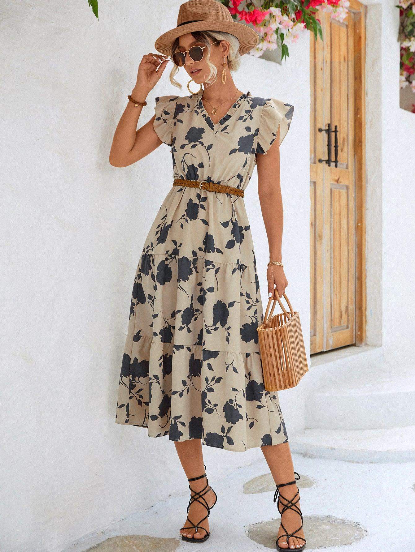 Floral Frill Trim V-Neck Tiered Midi Dress - Trendsi - Flyclothing LLC