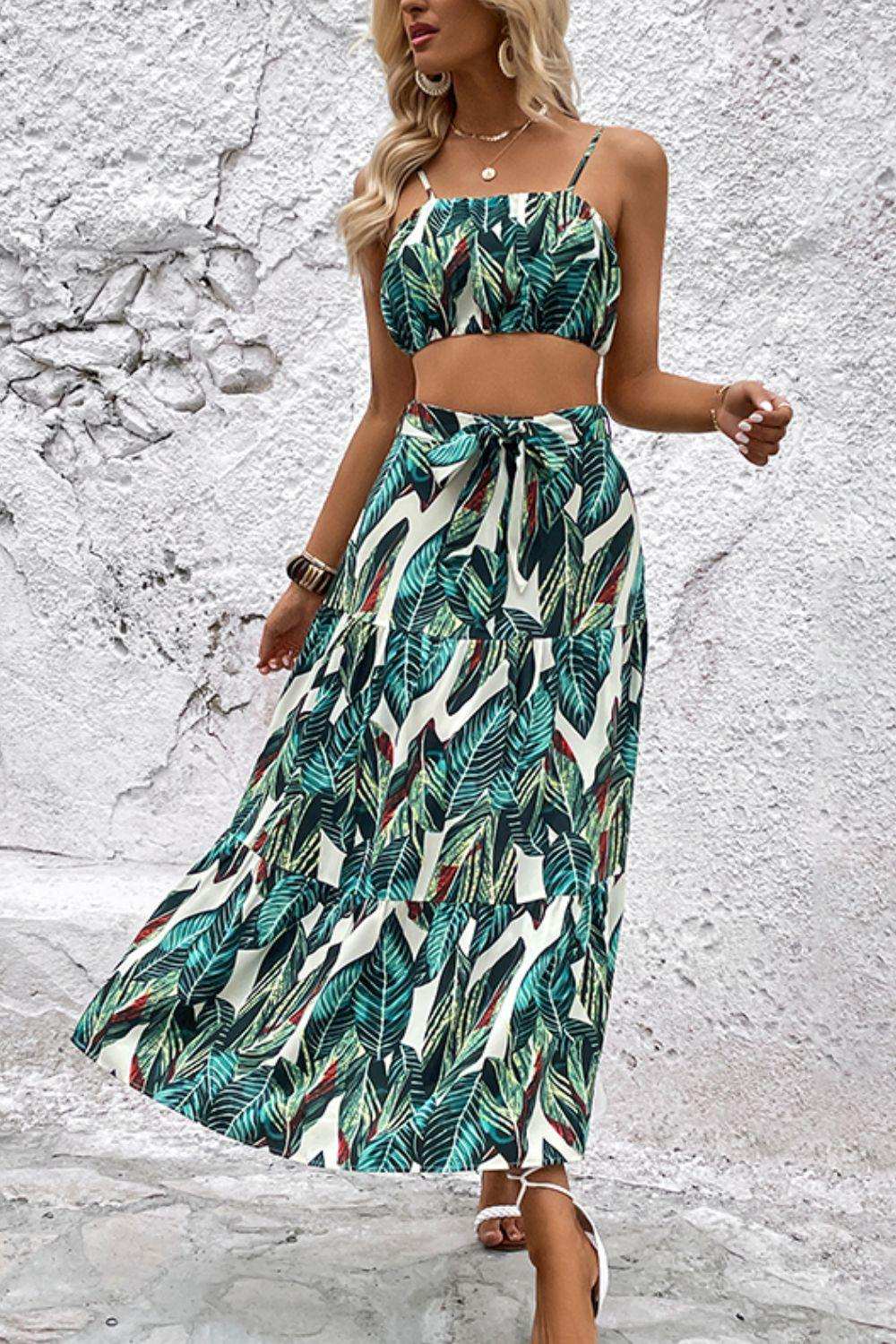 Botanical Print Cami and Tiered Skirt Set - Trendsi - Flyclothing LLC